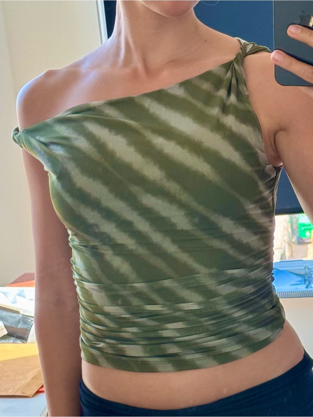 Abercrombie & Fitch Asymmetrical Mesh Twist Top in Jungle Green